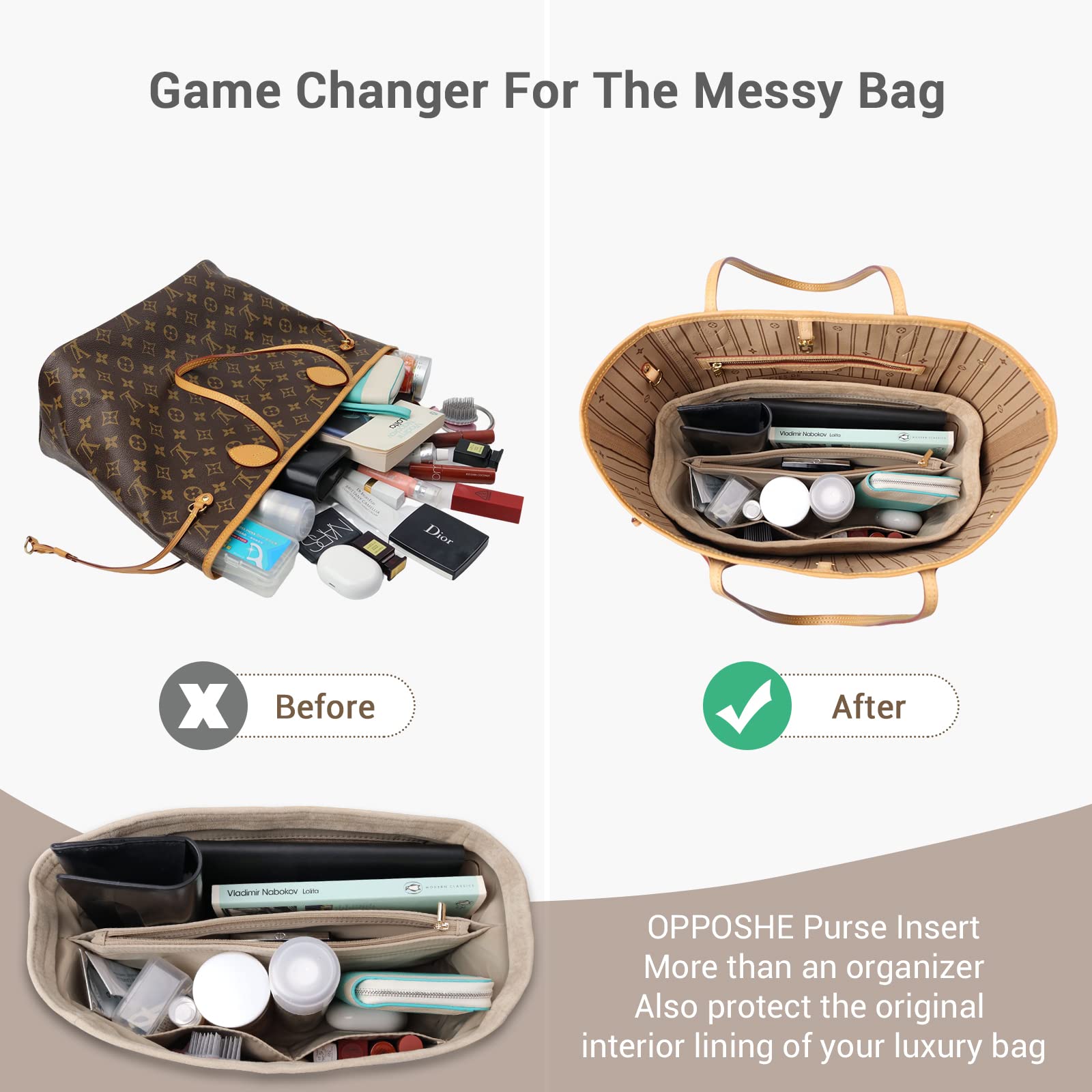 OPPOSHE 1 Opposhe Purse Organizer Insert For Handbags, Softened Felt Bag  Insert Organizer For Tote, Handbag Organizer Compatible With Lv